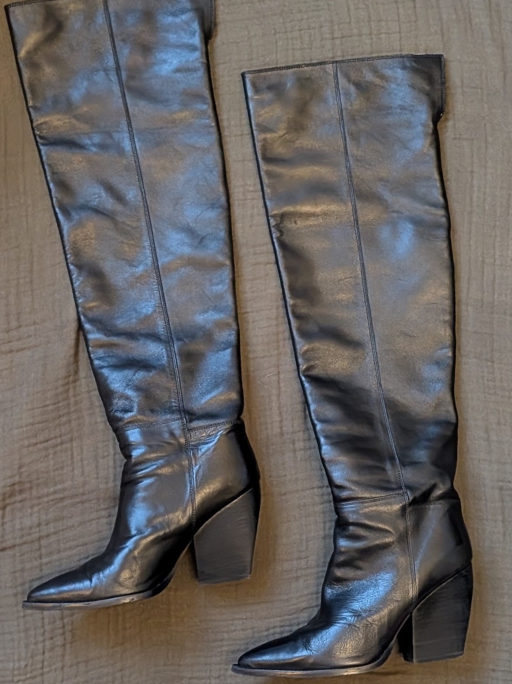 AllSaints Reina Black Leather Over-the-Knee Pointed Toe Boots